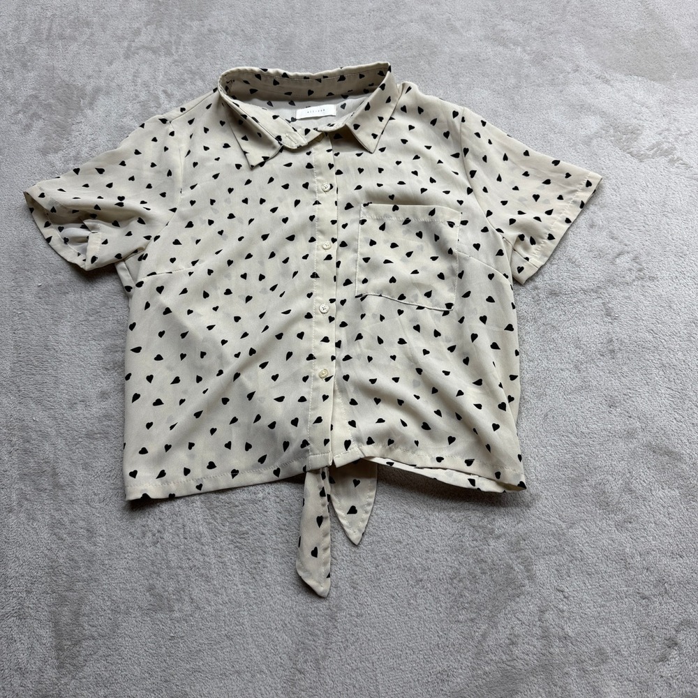 All Row Heart Print Blouse Women's Medium Cream Black Tie Back Button Down Chic